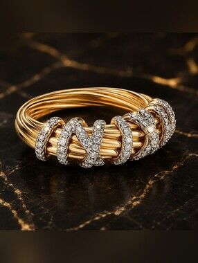 Gold and Silver Twisted Cable Ring with Crystal Bands